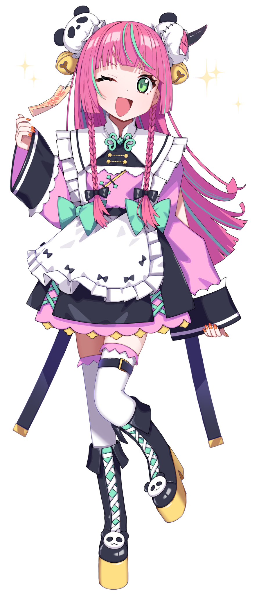 1girl ;d apron aqua_hair bell boots bow braid bun_cover double_bun dress frilled_apron frills full_body green_bow green_eyes hair_bun hair_ornament hand_up highres horns jingle_bell leg_up long_hair long_sleeves looking_at_viewer morumoru_x multicolored_hair nail_polish ofuda one_eye_closed open_mouth orange_nails original panda_hair_ornament pink_dress pink_hair simple_background single_horn smile solo sparkle standing standing_on_one_leg streaked_hair thighhighs twin_braids two-tone_hair white_apron white_background white_thighhighs