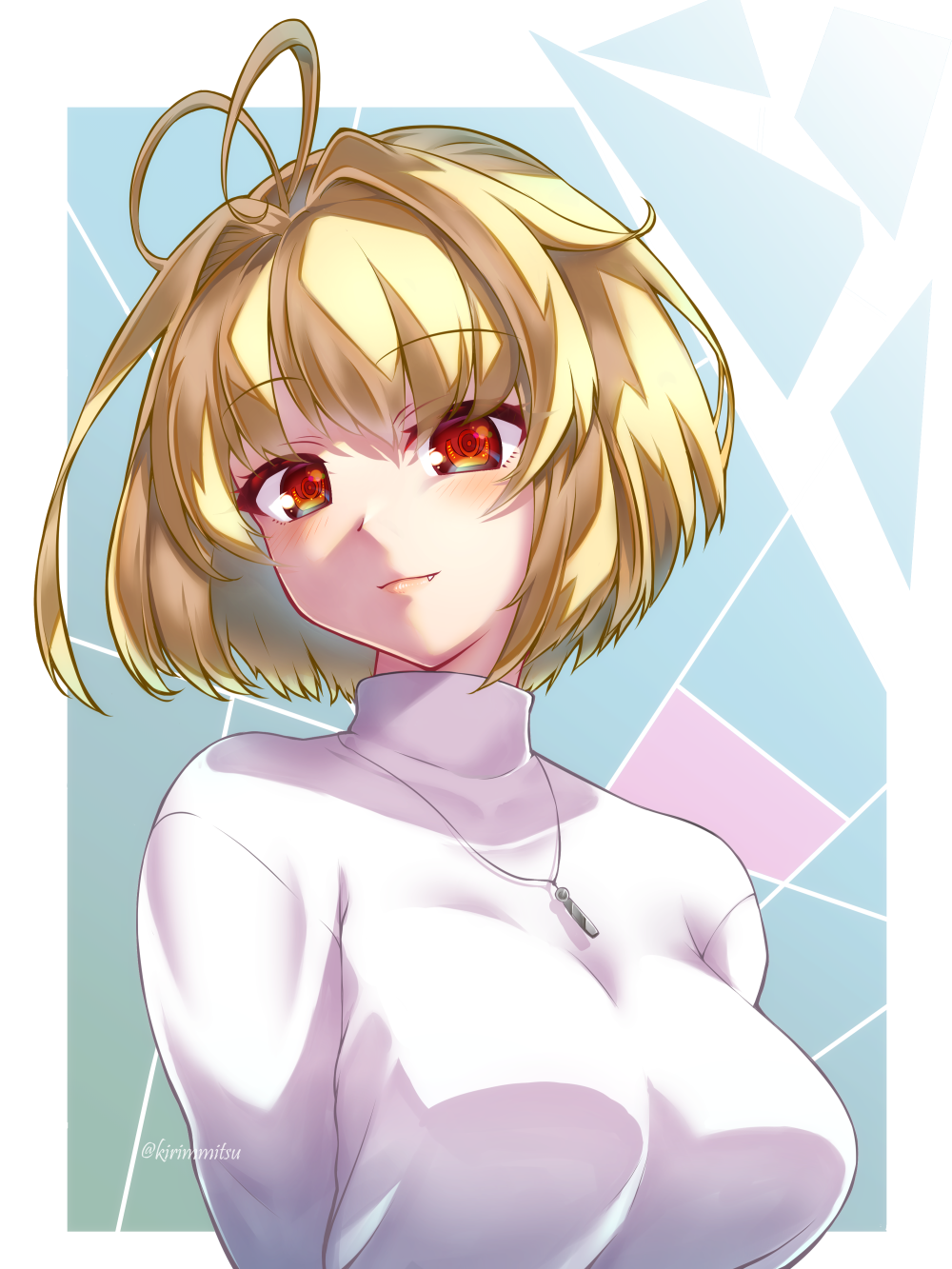 1girl antenna_hair arcueid_brunestud blonde_hair blush breasts closed_mouth commentary_request fang hair_intakes head_tilt highres jewelry kirimmitsu large_breasts long_sleeves looking_at_viewer necklace red_eyes short_hair sidelocks smile solo standing sweater tsukihime tsukihime_(remake) turtleneck turtleneck_sweater upper_body white_sweater