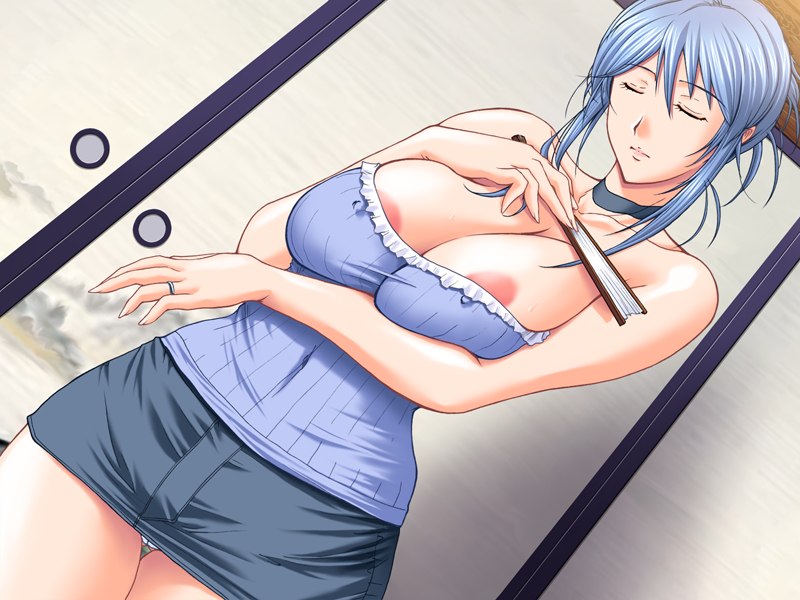 13cm 1girl blue_hair breasts choker closed_eyes female_focus game_cg huge_breasts indoors ishihara_souka jewelry ring sanjo_miku shimaizuma_3 solo