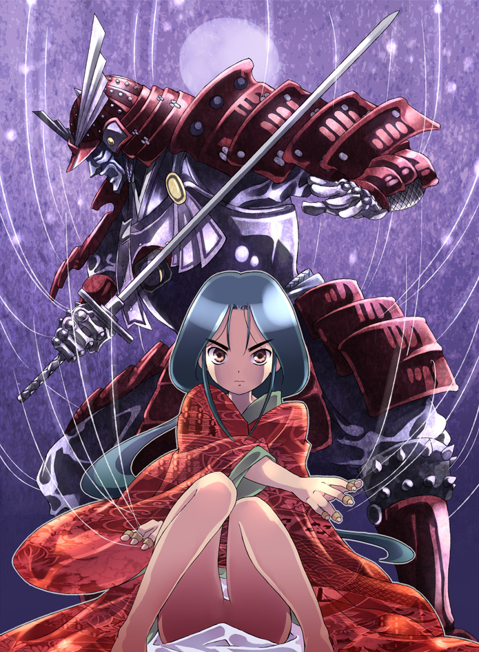 00s 1girl ayawatari_rangiku bad_id bad_pixiv_id blue_hair brown_eyes japanese_clothes jewelry karakuri_no_kimi katana kimono kouno_hikaru long_hair no_panties puppet ring seigaiha string sword taroumaru weapon