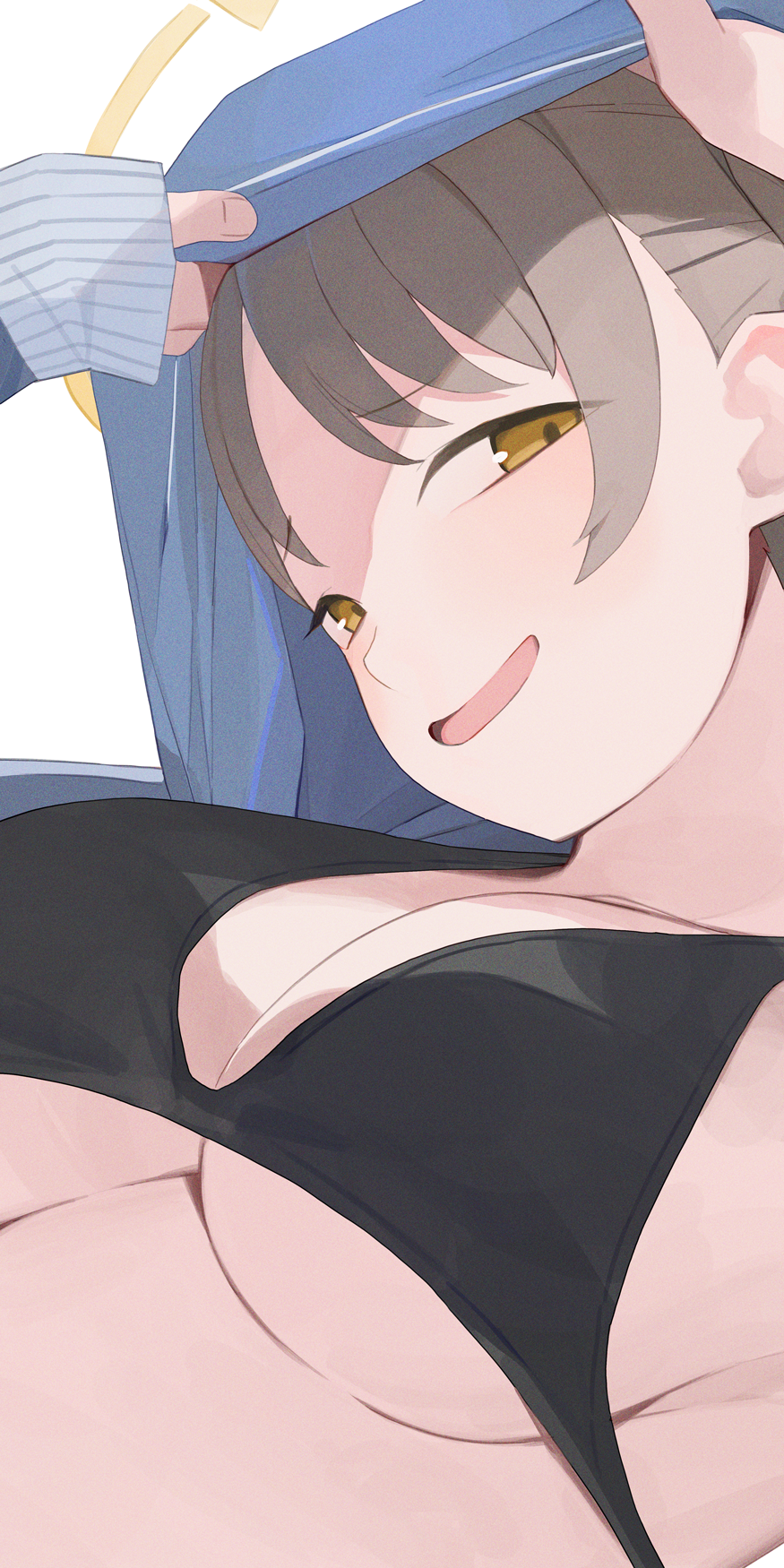 1girl bikini black_bikini blue_archive blue_jacket breasts brown_eyes clothes_lift commentary halo highres hiroki_(yyqw7151) jacket jacket_lift large_breasts lifting_own_clothes moe_(blue_archive) moe_(swimsuit)_(blue_archive) official_alternate_costume open_mouth smile solo swimsuit upper_body yellow_halo