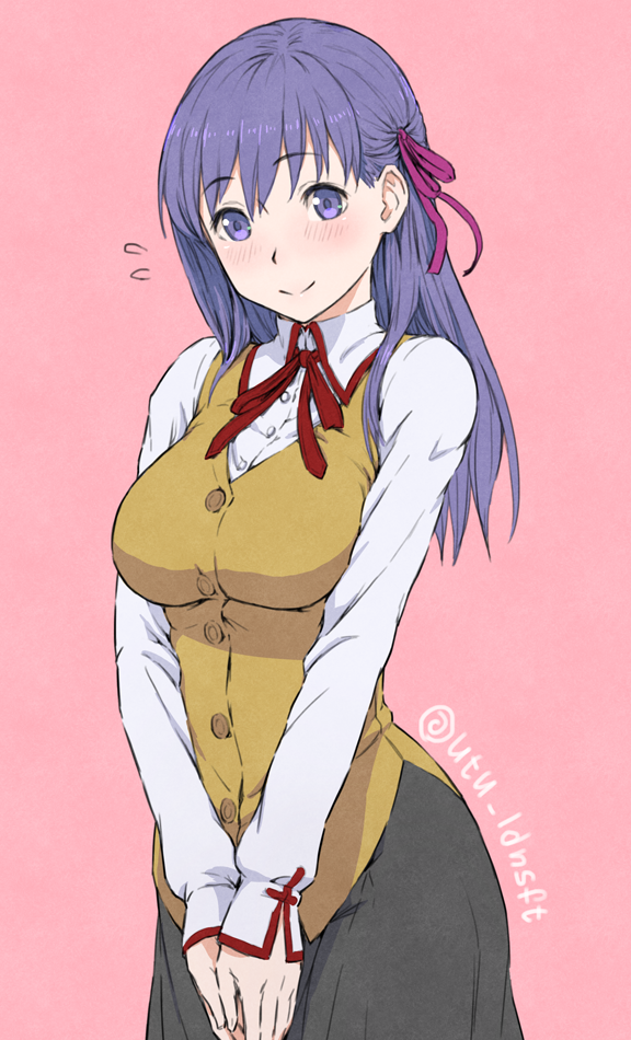 1girl blush breasts fate/stay_night fate_(series) female_focus flying_sweatdrops homurabara_academy_school_uniform large_breasts long_hair looking_at_viewer matou_sakura purple_eyes purple_hair school_uniform simple_background smile solo utu_(ldnsft)