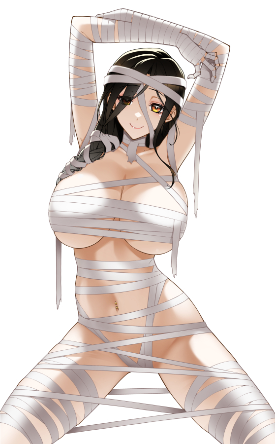 1girl bandaged_arm bandaged_chest bandaged_head bandaged_leg bandaged_neck bandages belly black_hair braid breasts brown_hair cleavage costume eyes_visible_through_hair grey_hair hair_over_one_eye halloween halloween_costume koishikawa large_breasts long_braid long_hair looking_at_viewer multicolored_hair mummy mummy_costume naked_bandage navel navel_piercing nijisanji orange_eyes piercing shirayuki_tomoe single_braid smile solo stomach virtual_youtuber