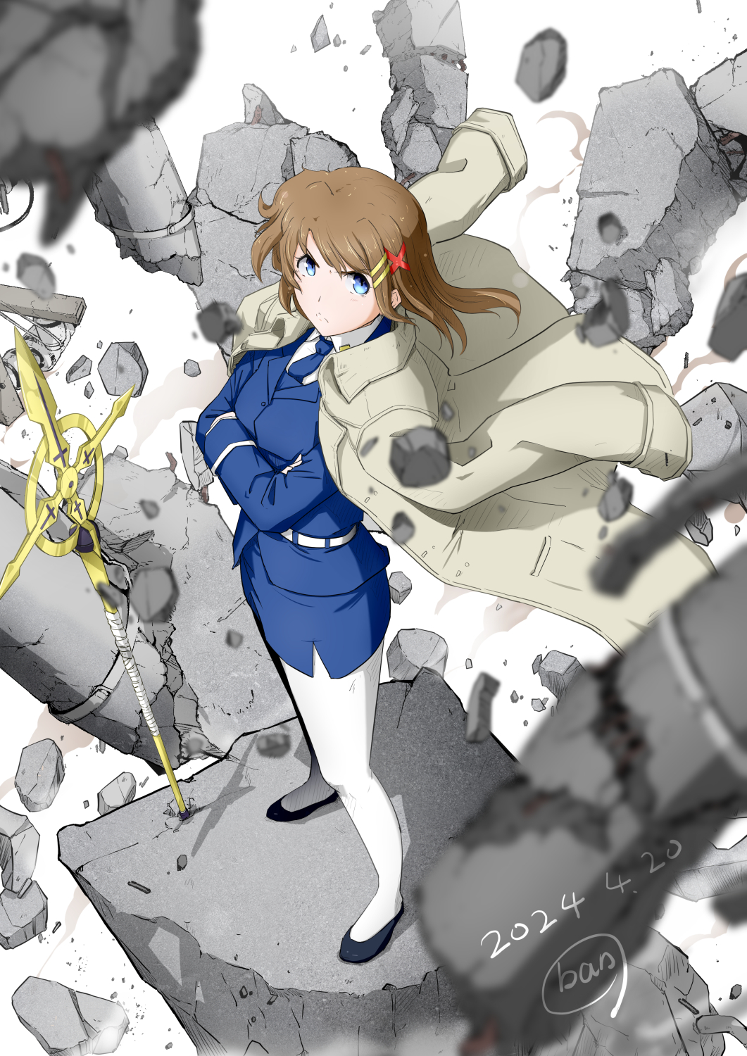 1girl ban_(777purin) blue_eyes blush breasts brown_hair closed_mouth crossed_arms dated debris hair_ornament highres looking_at_viewer lyrical_nanoha mahou_shoujo_lyrical_nanoha_strikers military_uniform miniskirt pantyhose short_hair skirt small_breasts solo staff tsab_naval_military_uniform white_pantyhose x_hair_ornament yagami_hayate