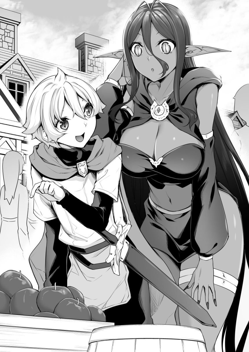 1boy 1girl apple barrel breasts building cape chotto_dake_ai_ga_omoi_dark_elf_ga_isekai_kara_oikakete_kita cleavage cloud collarbone dark_elf detached_sleeves elf food fruit greyscale hair_between_eyes hand_on_own_thigh height_difference highres jewelry large_breasts long_hair monochrome nakano_sora navel open_mouth pointy_ears sheath sheathed short_hair skirt sky slit_pupils sword thighlet tunic weapon window