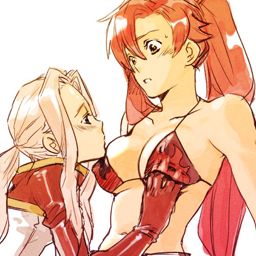 00s 2girls bikini bikini_top_only bodysuit breasts darry_adai grabbing_another&#039;s_breast groping hand_under_clothes long_hair lowres midriff multiple_girls navel pink_hair ponytail red_hair sweatdrop swimsuit tengen_toppa_gurren_lagann underboob yoko_littner yuri