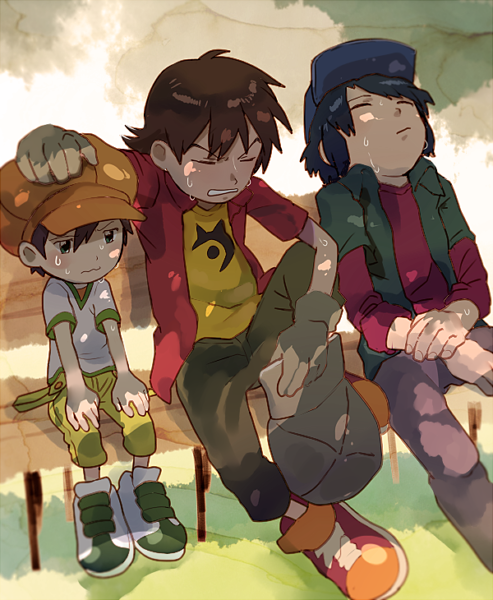 3boys brown_hair digimon grass hat himi_tomoki kanbara_takuya kimura_kouichi multiple_boys