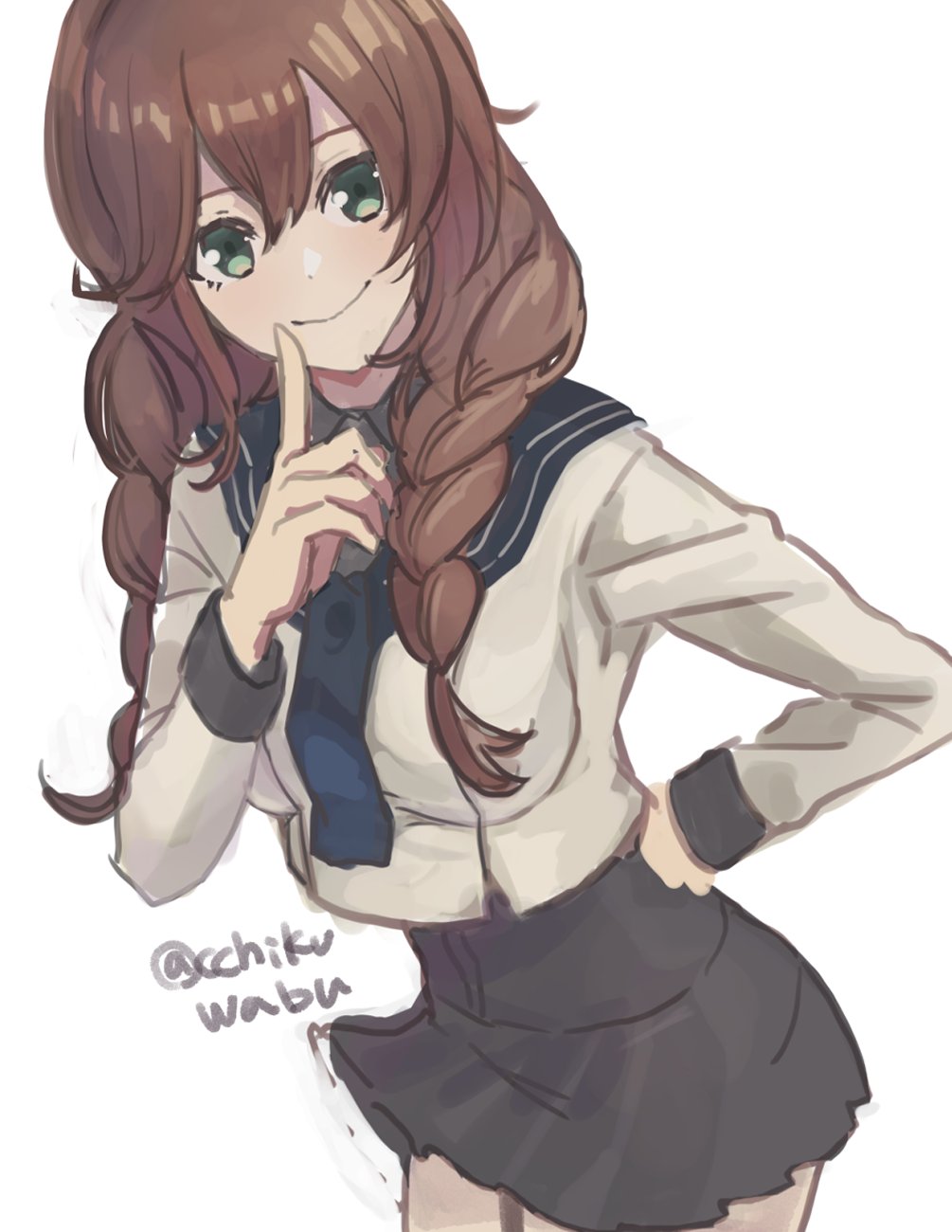 1girl black_necktie black_sailor_collar black_skirt braid brown_hair cchikuwabu finger_to_mouth green_eyes highres kantai_collection long_sleeves looking_at_viewer necktie noshiro_(kancolle) noshiro_kai_ni_(kancolle) one-hour_drawing_challenge pleated_skirt sailor_collar school_uniform serafuku shirt simple_background skirt smile solo twin_braids twitter_username white_background white_shirt