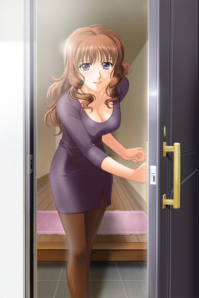 1girl breasts brown_hair brown_pantyhose cleavage collarbone doorway dress game_cg hagawa_marina highres leaning_forward long_hair looking_at_viewer medium_breasts oba_no_shinshitsu ojiri_shin&#039;ya opening_door pantyhose parted_lips pov_doorway purple_dress purple_eyes short_dress side_slit solo standing straight_hair