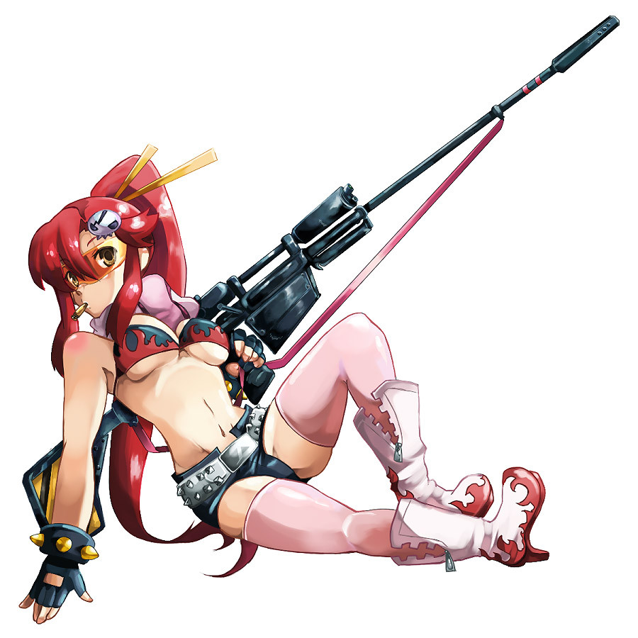 00s 1girl anti-materiel_rifle breasts female_focus gun kz-kura large_breasts midriff red_hair rifle short_shorts shorts sniper_rifle solo sunglasses tengen_toppa_gurren_lagann thighhighs underboob weapon yoko_littner zipper