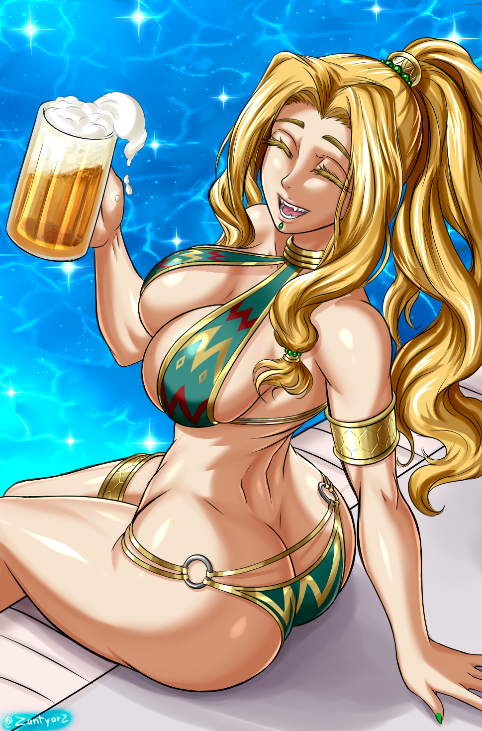 1girl alternate_costume alternate_hairstyle armlet ass aztec bare_shoulders beer_mug bikini blonde_hair breasts butt_crack chin_piercing commentary cup english_commentary fate/grand_order fate_(series) green_bikini highres jewelry long_hair mug multicolored_clothes nail_polish open_mouth ponytail pool poolside quetzalcoatl_(fate) smile solo swimsuit thigh_strap thighlet water wide_hips zantyarz