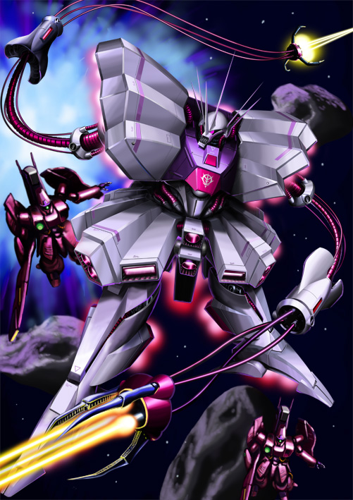 asteroid battle beam_cannon cable commentary_request deshi_ningen_dai_1-gou emblem energy_beam explosion firing gaza-c gundam gundam_zz hamma_hamma machinery mecha mecha_focus mobile_suit neo_zeon no_humans robot roundel space