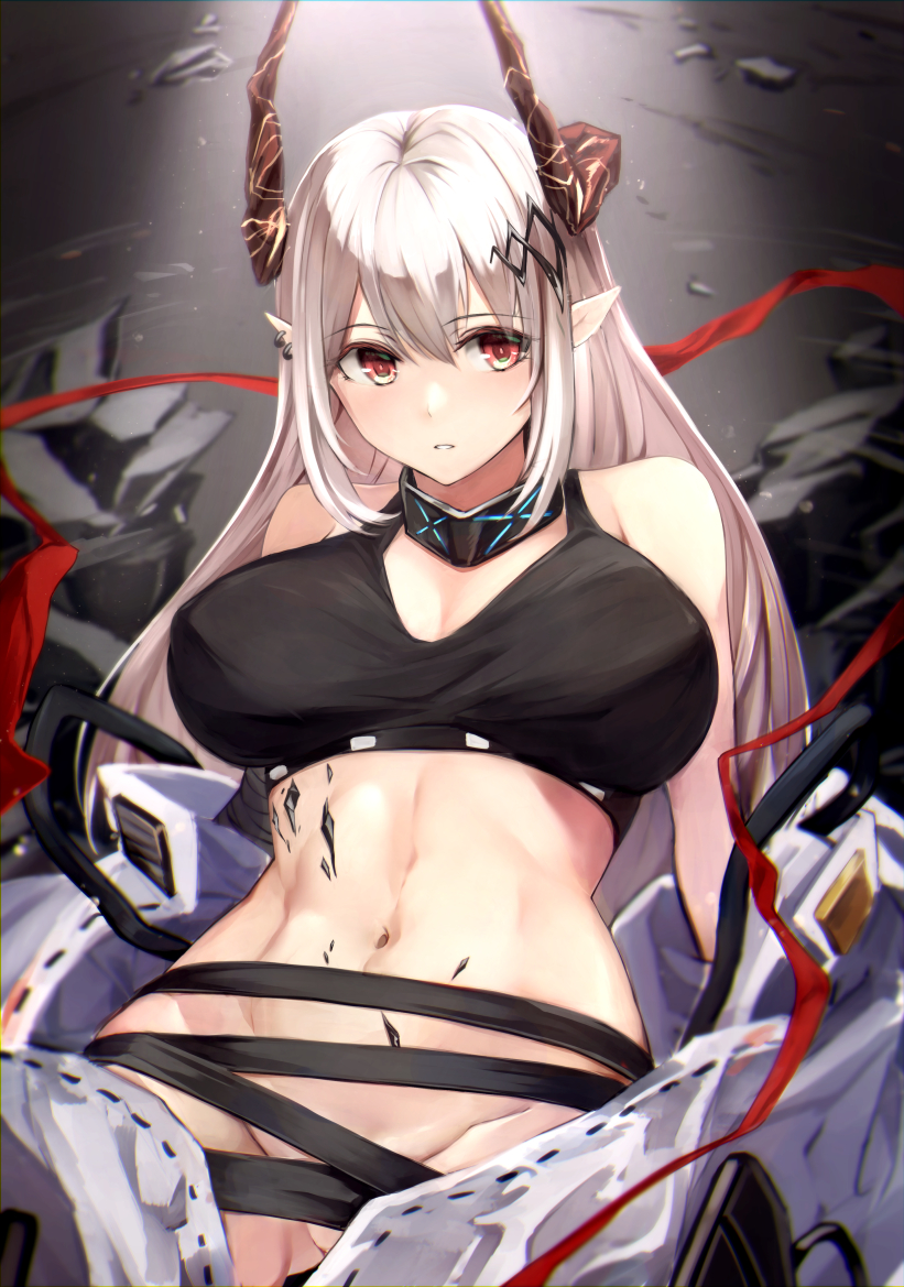 1girl 8gou arknights bandages bare_shoulders blush collar cowboy_shot ear_piercing gluteal_fold gradient_background grey_background groin horns infection_monitor_(arknights) long_hair looking_at_viewer material_growth mudrock_(arknights) mudrock_(elite_ii)_(arknights) navel no_panties off_shoulder oripathy_lesion_(arknights) parted_lips partially_visible_vulva piercing pointy_ears red_eyes silver_hair smile solo sports_bra stomach toned undressing very_long_hair