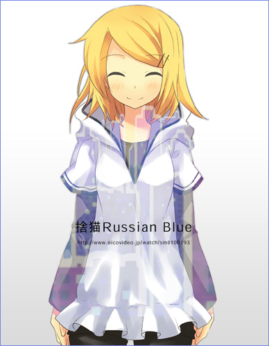 1girl bad_id bad_pixiv_id blonde_hair blush casual closed_eyes fashion female_focus gradient_background hair_ornament hairclip hood hoodie kagamine_rin layered_sleeves long_sleeves lowres short_hair short_over_long_sleeves short_sleeves smile solo sute-neko_russian_blue_(vocaloid) tamura_hiro vocaloid