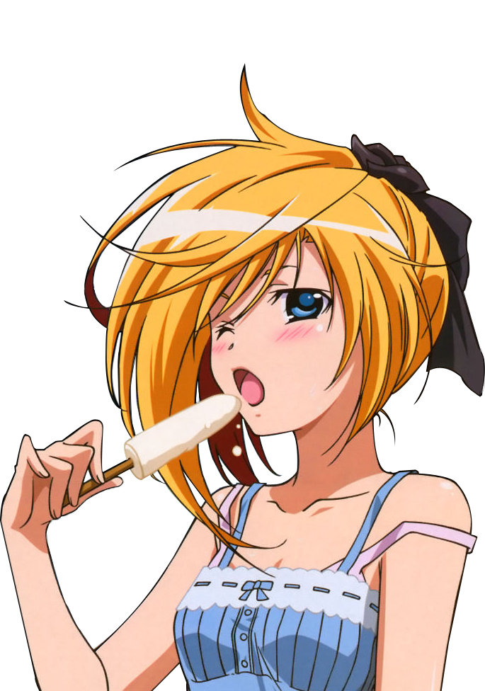 00s 1girl asu_no_yoichi blonde_hair blue_eyes blush bow camisole collarbone female_focus food hair_ornament ikaruga_ayame one_eye_closed open_mouth popsicle sexually_suggestive solo strap_slip transparent_background vector_trace wink