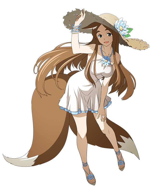 1girl animal_ears arm_up blue_flower bracelet brown_hair collarbone dress female_focus floating_hair flower fox_ears fox_tail full_body green_eyes grey_hat hand_on_lap hat hat_flower jewelry layered_dress leaning_forward log_horizon long_hair looking_at_viewer multiple_tails official_art sandals short_dress sleeveless sleeveless_dress solo straw_hat sun_hat sundress sylvia_(log_horizon) tail transparent_background two_tails very_long_hair white_dress