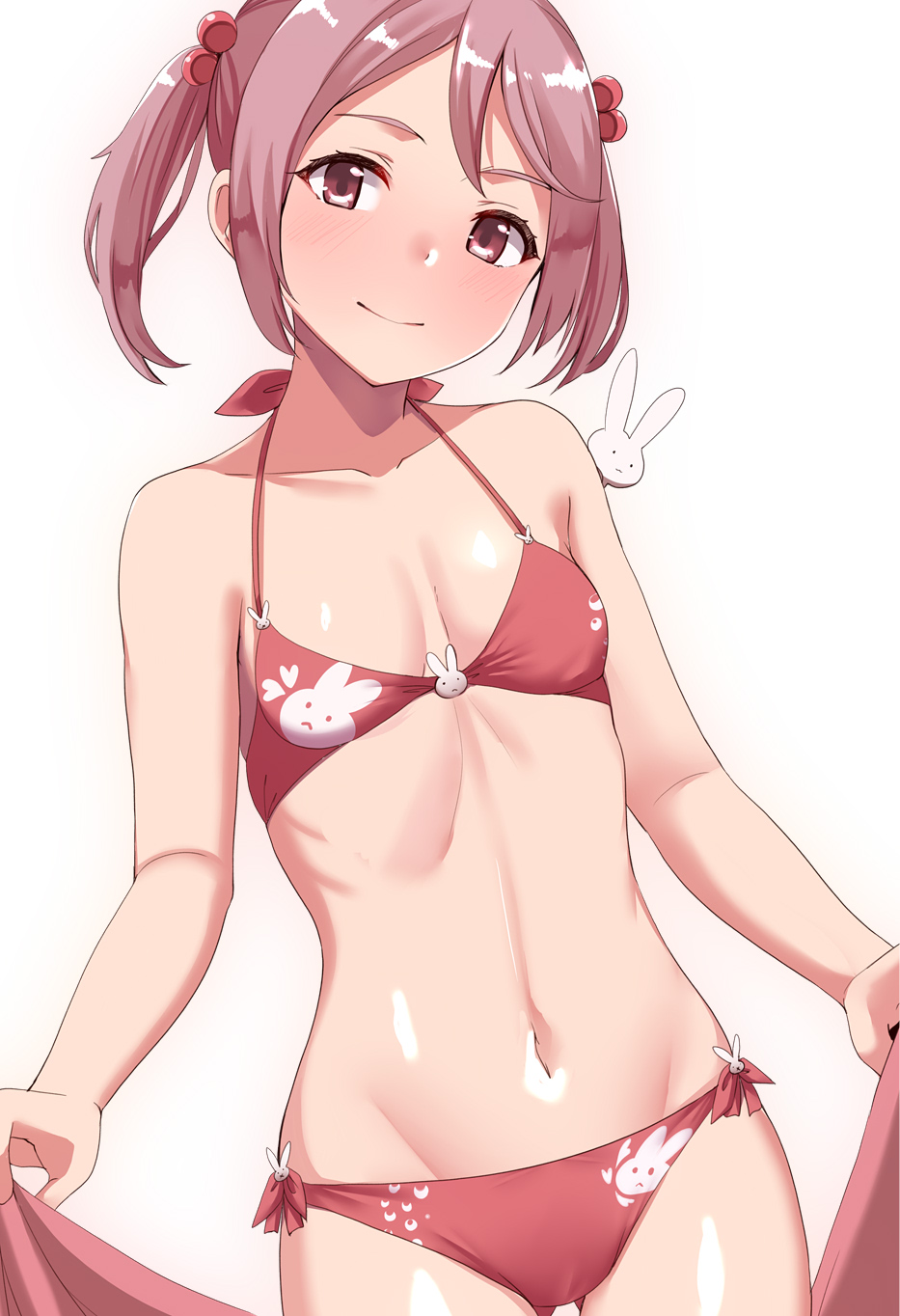 1girl alternate_costume animal_print bikini breasts cleavage highres kantai_collection pink_hair rabbit_print red_bikini red_eyes sazanami_(kancolle) short_hair side-tie_bikini_bottom simple_background small_breasts smile solo standing swimsuit tirasi_(so) towel twintails white_background