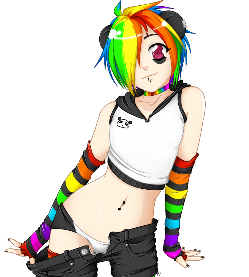 1boy androgynous animal_ears bare_shoulders choker crop_top crossdressing deviantart_thumbnail elbow_gloves fictional_persona fingerless_gloves gloves hair_over_one_eye hood hoodie hoodie_vest lip_piercing looking_at_viewer male_focus md5_mismatch midriff multicolored_hair nail_polish navel navel_piercing niji-panda niji_(niji-panda) original panda panties photoshop piercing rainbow_hair resized short_hair simple_background solo transparent_background trap underwear vest