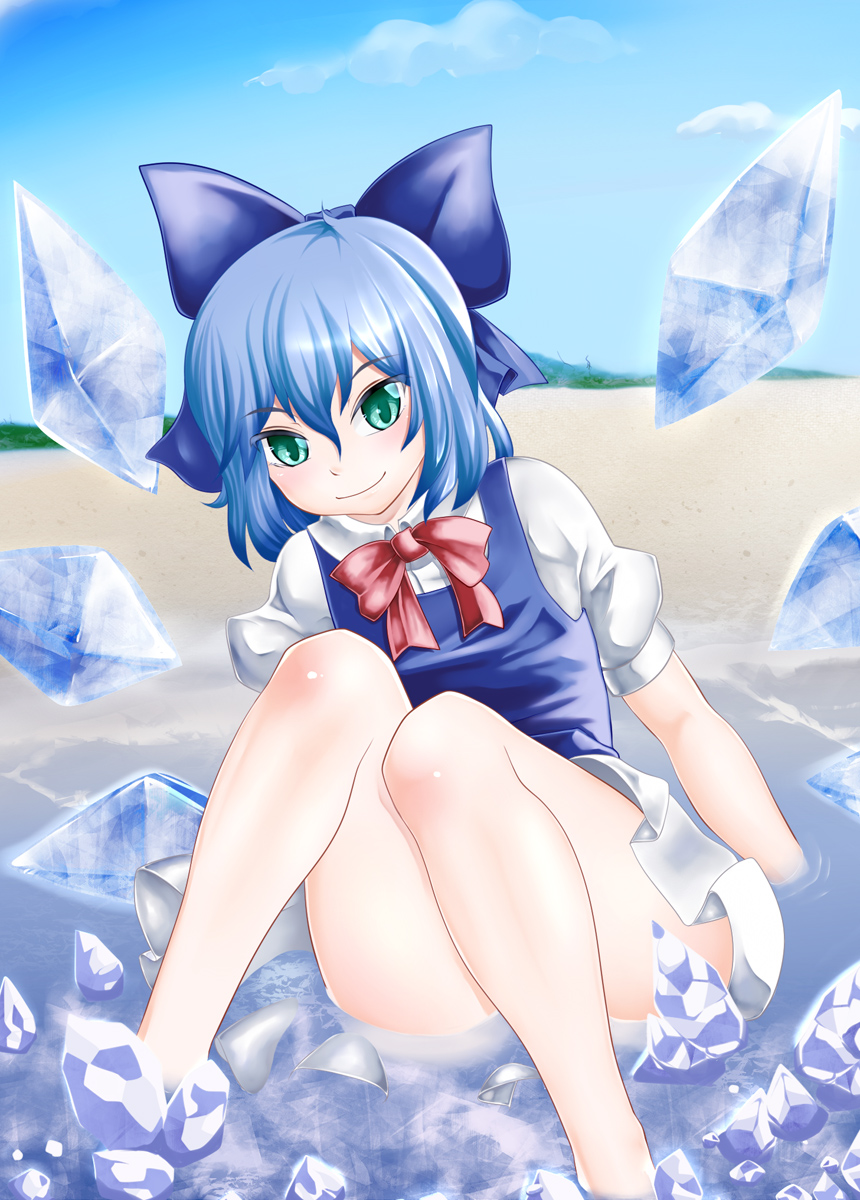 1girl aqua_eyes beach blue_hair cirno female_focus hair_ribbon highres ice ice_wings kurone ribbon short_hair sitting solo thighs touhou wings