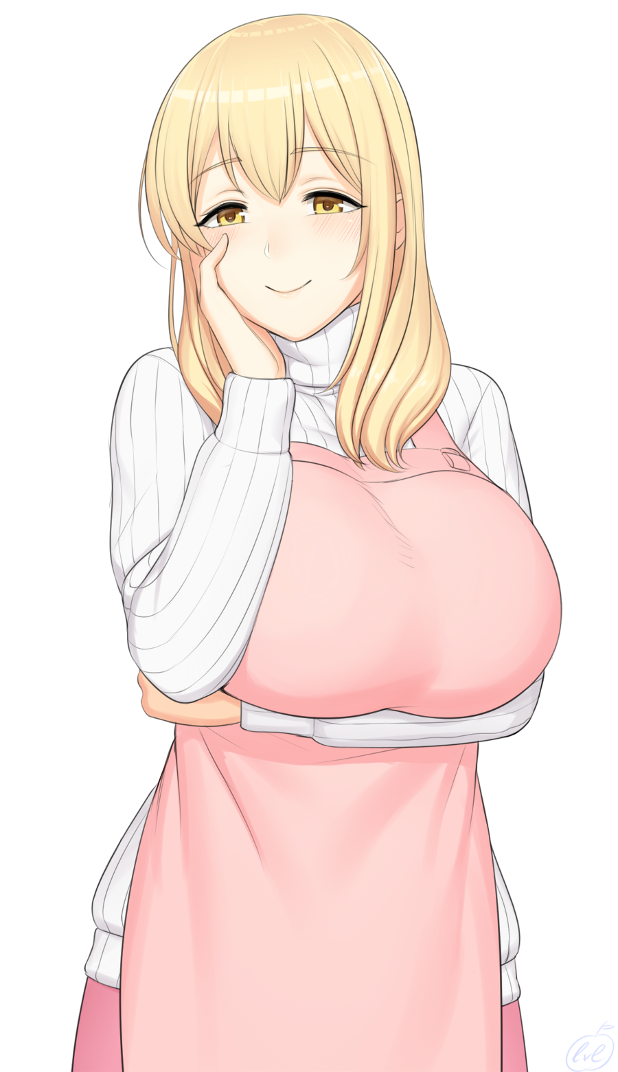 10s 1girl apple apron blonde_hair blush breasts brown_eyes commentary commentary_request female_focus food fruit hand_on_own_face highres huge_breasts long_hair looking_at_viewer lvl_(sentrythe2310) mature_female raised_eyebrows ribbed_sweater simple_background smile solo sunohara_ayaka sunoharasou_no_kanrinin-san sweater white_background