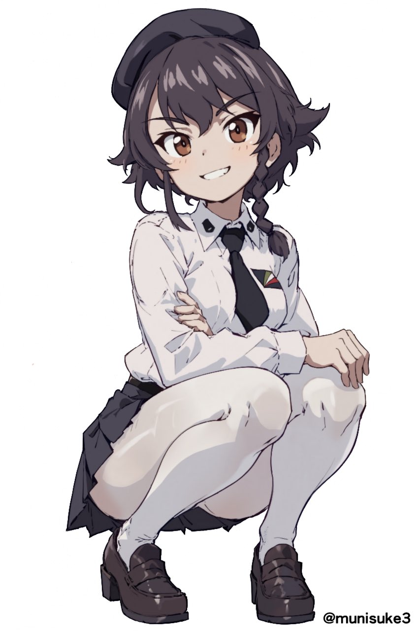 1girl anzio_school_uniform ass black_hair black_necktie blush braid breasts brown_eyes girls_und_panzer grin hat highres looking_at_viewer munisuke_(zrkt7883) necktie pantyhose pepperoni_(girls_und_panzer) school_uniform short_hair simple_background small_breasts smile solo white_background white_pantyhose