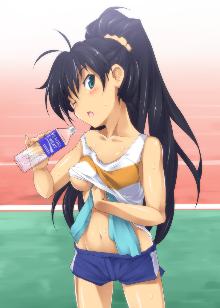 1girl :o antenna_hair black_hair blue_eyes blush bottle brand_name_imitation breasts clothes_lift collarbone female_focus ganaha_hibiki gym_shorts head_tilt idolmaster idolmaster_(classic) kuronyan long_hair looking_at_viewer navel no_bra off_shoulder one_eye_closed pocari_sweat ponytail shiny_skin shirt_lift shorts solo sportswear strap_slip sweat towel track_and_field underboob wink