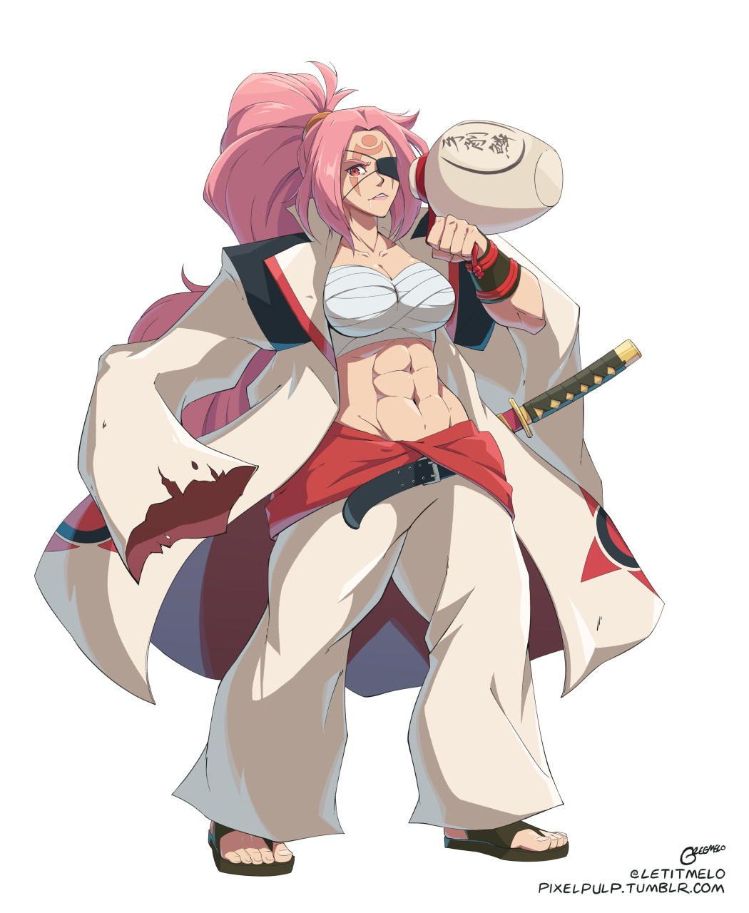 abs baiken bandages eyepatch guilty_gear highres katana letitmelo long_hair muscular muscular_female pink_hair sarashi sword weapon