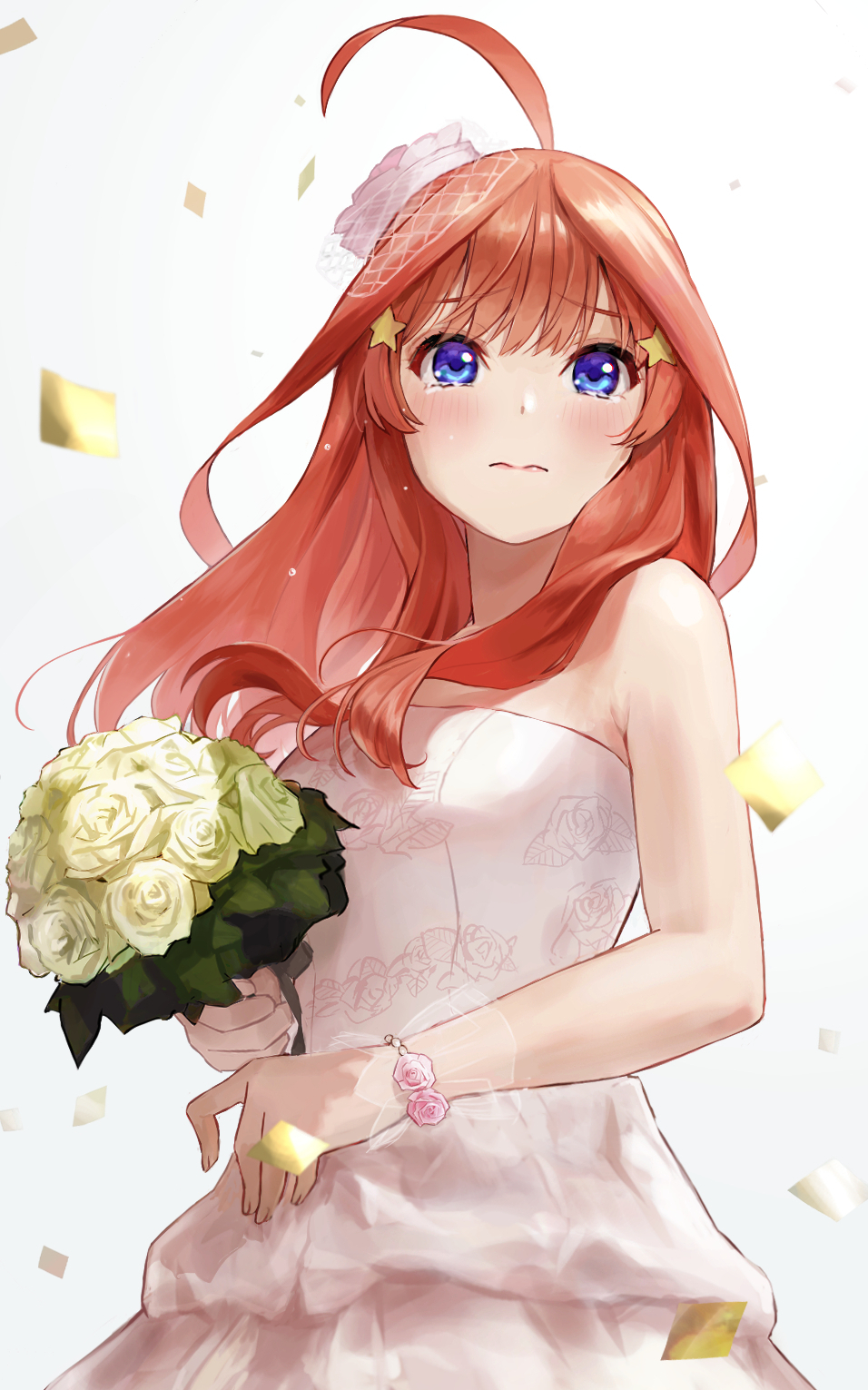 1girl :d ahoge bare_shoulders blue_eyes blunt_bangs blush bouquet closed_mouth commentary_request confetti dress floral_print flower go-toubun_no_hanayome hair_ornament highres holding holding_bouquet ishiyuki long_hair looking_at_viewer nakano_itsuki open_mouth pink_hair revision simple_background smile solo star_(symbol) star_hair_ornament tearing_up tears wedding_dress white_background