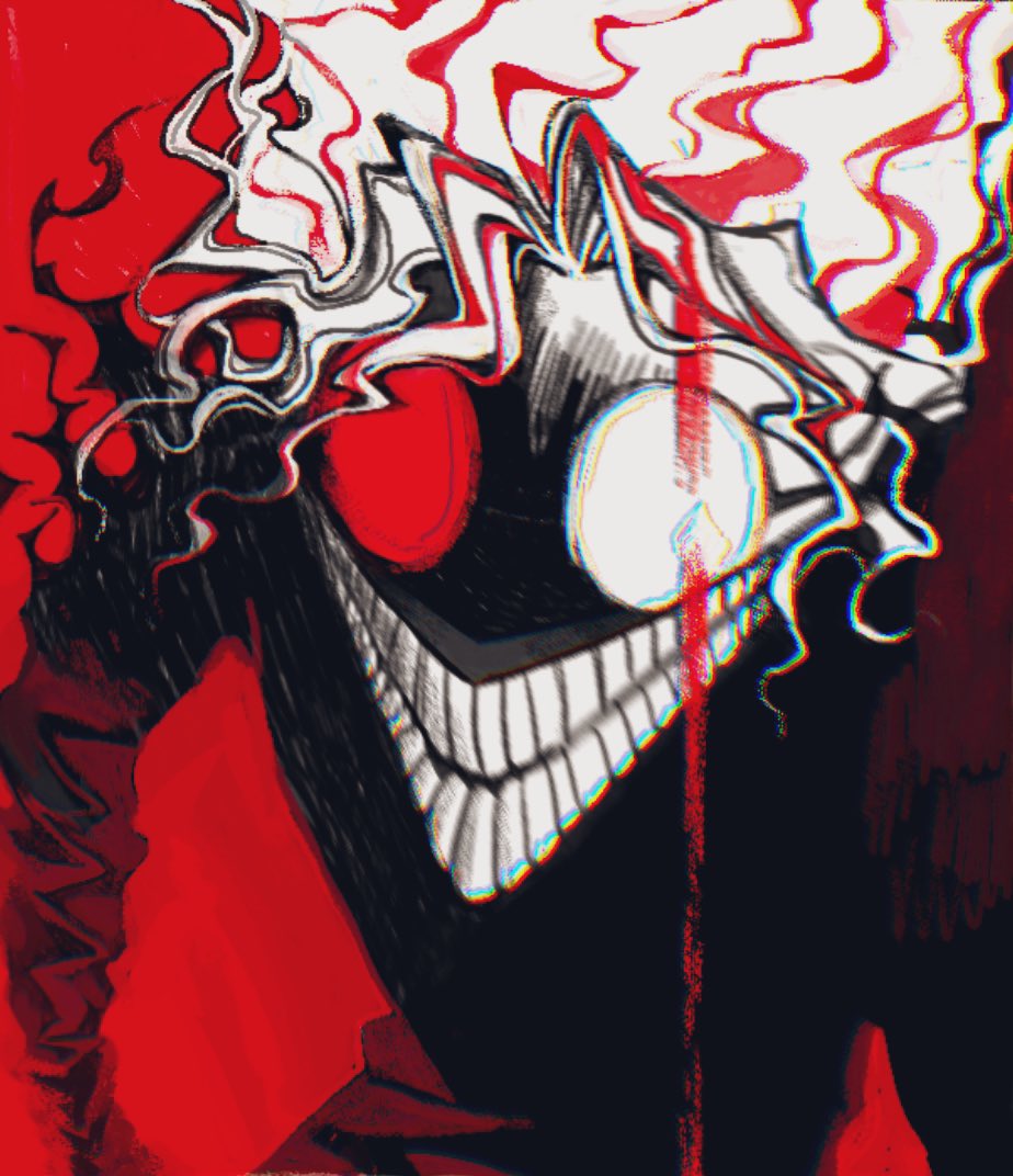 1boy alternate_form dandadan evil_smile glasses male_focus mask mouth_mask red_background round_eyewear smile solo takakura_ken_(dandadan) tall_hair tamatan97 transformation white_hair