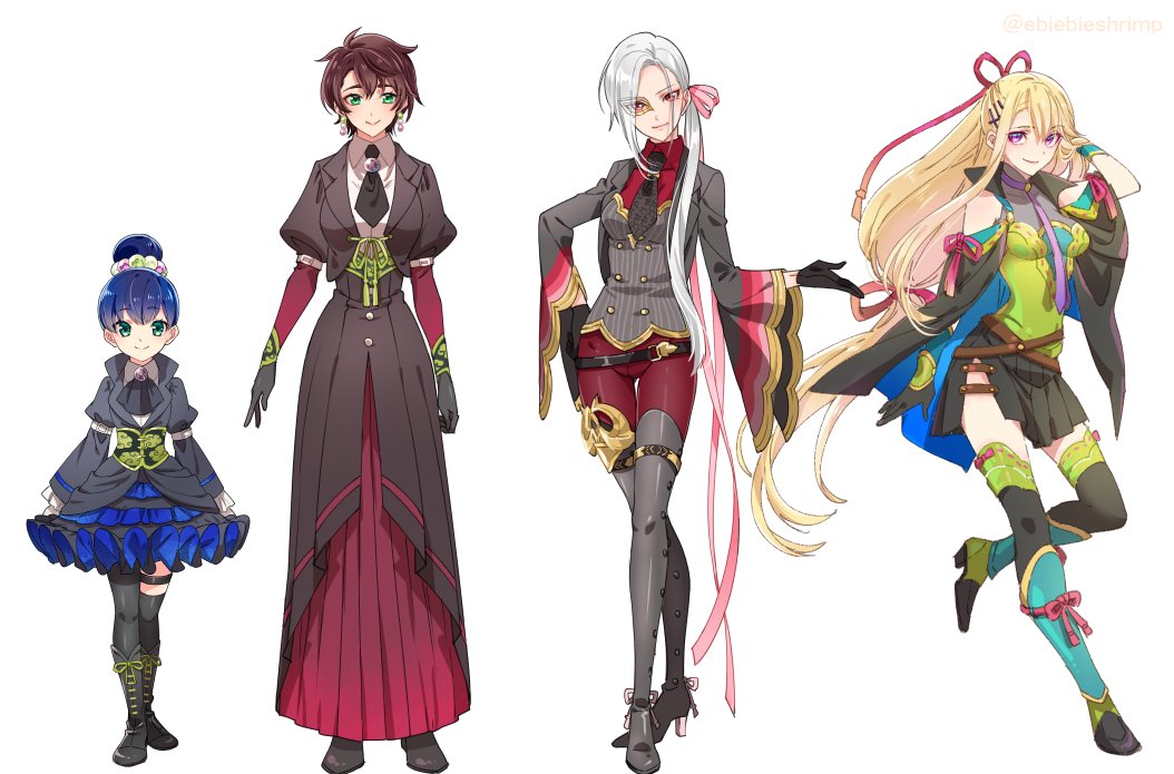 10s 4girls azuki_nagamitsu_(touken_ranbu) bare_shoulders black_gloves black_skirt blonde_hair blue_hair boots brown_hair crossed_legs daihannya_nagamitsu_(touken_ranbu) dress frilled_dress frills full_body genderswap genderswap_(mtf) gloves grey_footwear hair_bun hair_ribbon kenshin_kagemitsu kouryuu_kagemitsu long_hair looking_at_viewer low-tied_long_hair multiple_girls necktie pants pleated_skirt ponytail red_pants ribbon short_hair shuri_(84k) silver_hair simple_background single_hair_bun skirt smile standing standing_on_one_leg thigh_boots thighhighs touken_ranbu watson_cross white_background wide_sleeves