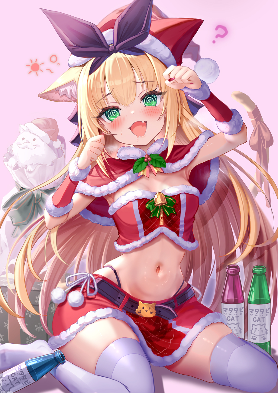 1girl :d @_@ akabane_(zebrasmise) animal_ears arm_up armpits belt blonde_hair breasts capelet christmas commentary_request crop_top drooling drunk embarrassed fang fur-trimmed_capelet fur_trim green_eyes hair_ribbon hand_up hat highleg highres kemonomimi_mode long_hair looking_at_viewer medium_breasts midriff miniskirt mononobe_alice navel nijisanji open_mouth panty_straps paw_pose red_capelet red_hat red_shirt red_skirt ribbon santa_hat shirt skirt smile solo squeans stomach strapless strapless_shirt thighhighs very_long_hair virtual_youtuber white_thighhighs zettai_ryouiki