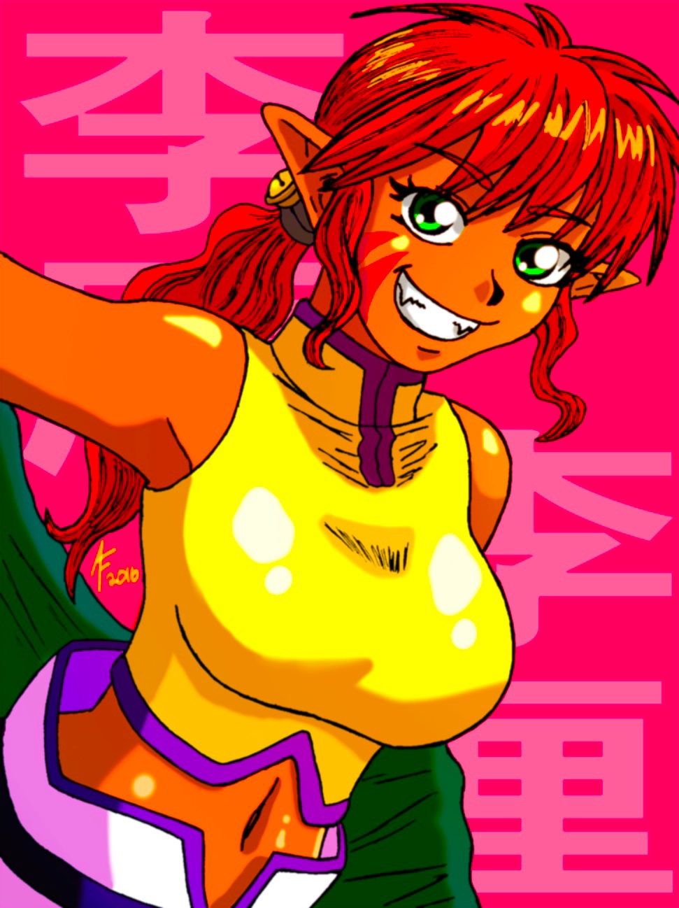 1girl aaronhibiki bell breasts dark-skinned_female dark_skin facial_mark fangs green_eyes highres large_breasts lirin midriff navel orange_hair pointy_ears ponytail red_hair saiyuki shawl solo xxxhibiki