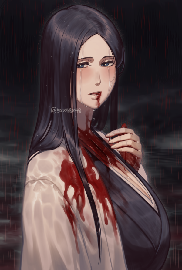 1girl 50x48x48 black_hair bleach blood blood_from_mouth blood_on_clothes blood_on_hands breasts commentary_request from_side haori japanese_clothes kimono large_breasts long_hair looking_at_viewer solo taichou_haori twitter_username unohana_retsu upper_body wet wet_clothes