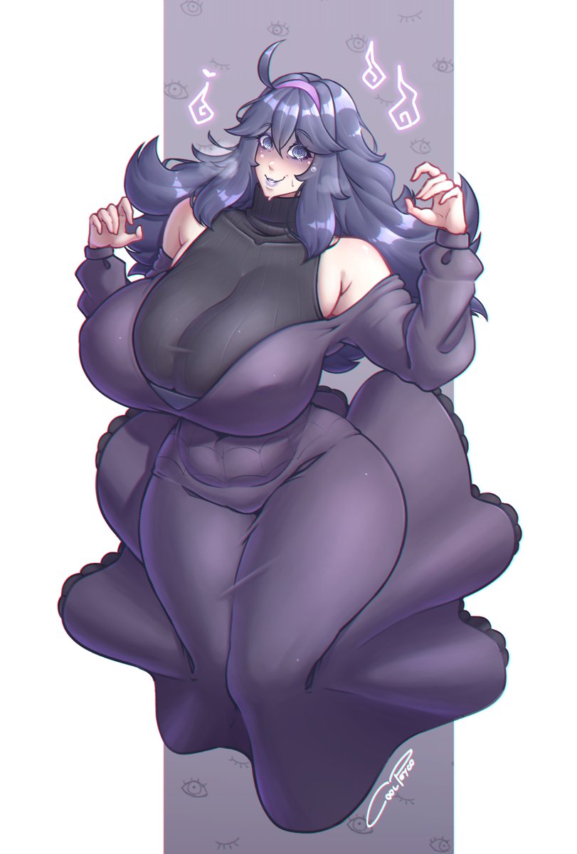 1girl @_@ ahoge breasts coolpsyco creatures_(company) curvy female_focus full_body game_freak hairband hex_maniac_(pokemon) highres huge_breasts long_hair looking_at_viewer matching_hair/eyes nintendo pokemon pokemon_xy purple_eyes purple_hair solo sweat thick_thighs thighs wide_hips