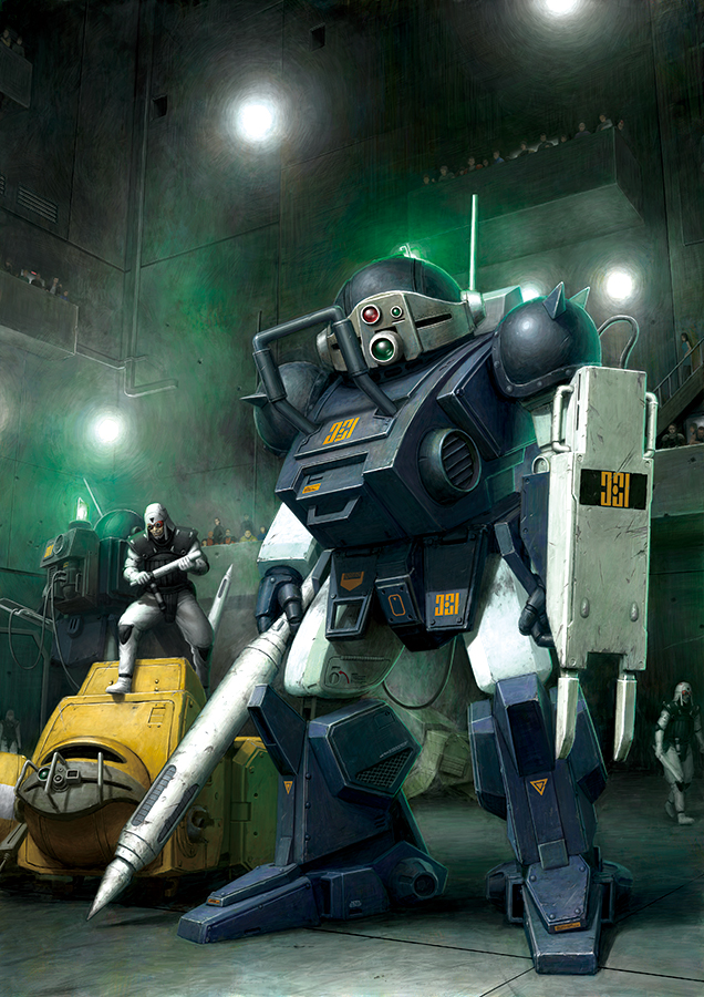 artist_request helmet mecha police robot science_fiction scopedog shield soukou_kihei_votoms soukou_kihei_votoms_blue_knight_berserga weapon wheeldog