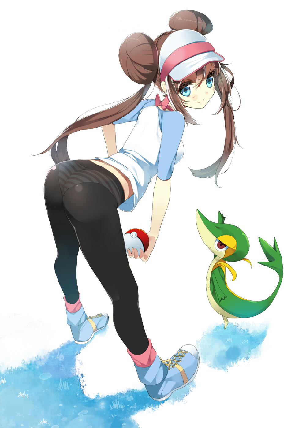 10s 1girl :&gt; ass bent_over black_pantyhose blue_eyes blush breasts brown_hair creatures_(company) double_bun donut_hair_bun game_freak gen_5_pokemon hair_bun highres koba leaning_forward legs long_hair looking_back medium_breasts nintendo no_pants panties panties_under_pantyhose pantyhose poke_ball poke_ball_(basic) pokemon pokemon_(creature) pokemon_bw2 raglan_sleeves rosa_(pokemon) see-through_clothes shoes smile sneakers snivy standing striped_clothes striped_panties thighband_pantyhose twintails underwear visor_cap