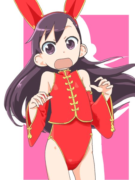 1girl animal_ears black_hair chinese_clothes detached_sleeves fake_animal_ears flat_chest kazoku_game leotard leotard_under_clothes long_hair open_mouth playboy_bunny rabbit_ears suzushiro_seri urano_mai