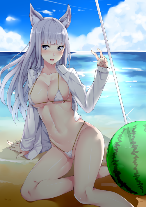 10s 1girl animal_ears arm_support ball beach beachball bikini blush breasts cleavage cloud contrail day erune female_focus granblue_fantasy grey_eyes kaeru_no_ashi kaerunoashi korwa long_hair looking_at_viewer micro_bikini navel open_clothes open_mouth open_shirt outdoors sand shirt silver_hair sitting sky smile solo sparkle swimsuit v water white_shirt