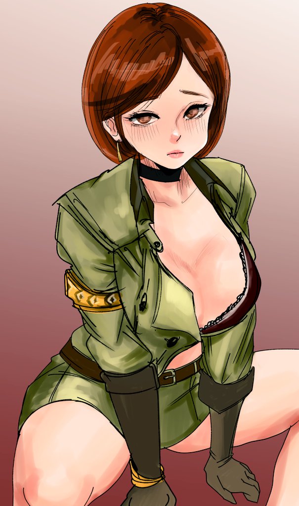 1girl belt blush bra breasts brown_eyes brown_hair choker cleavage earrings gloves jewelry short_hair skirt snk the_king_of_fighters tucon_b unbuttoned unbuttoned_shirt underwear whip_(kof)