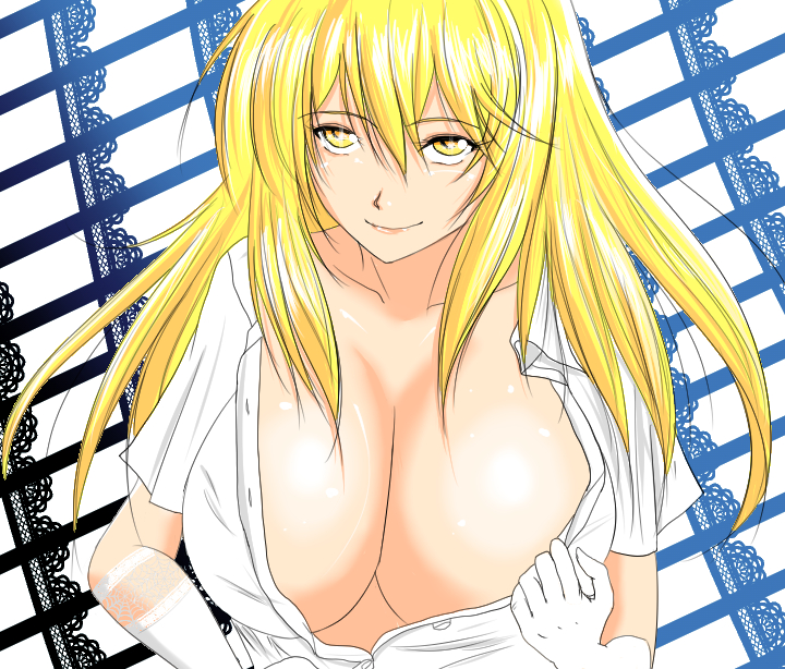 1girl abstract_background anlive blonde_hair breasts cleavage closed_mouth collarbone collared_shirt commentary_request elbow_gloves gloves hair_between_eyes huge_breasts long_bangs long_hair looking_at_viewer partially_unbuttoned shiny_skin shirt shokuhou_misaki short_sleeves sidelocks smile solo spider_web_print toaru_kagaku_no_railgun toaru_majutsu_no_index upper_body white_gloves white_shirt yellow_eyes