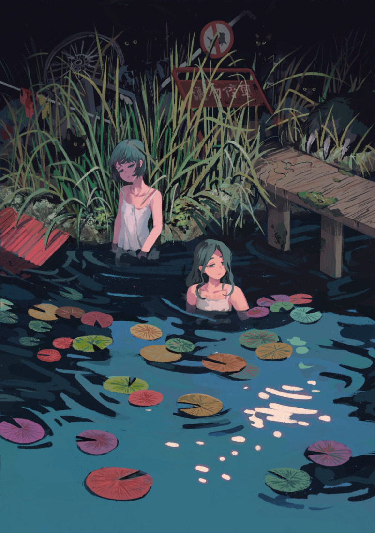 2girls bad_id bad_tumblr_id clea_(geee13) dress expressionless grass lily_pad long_hair multiple_girls original outdoors partially_submerged reflection short_hair sign wheel white_dress