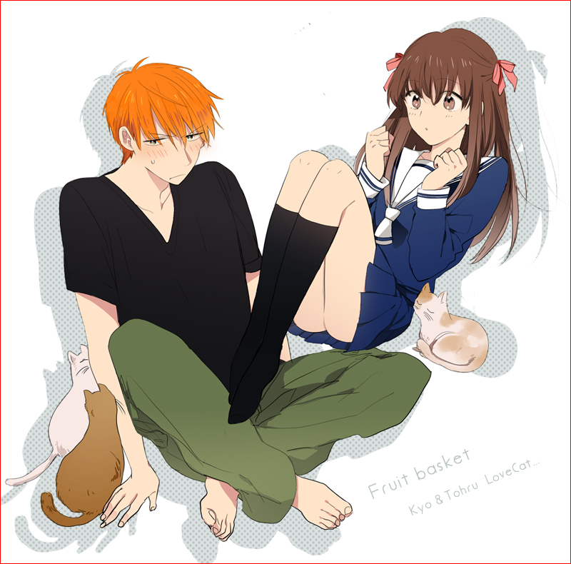 1boy 1girl :o bad_id bad_pixiv_id barefoot black_socks blush border brown_hair casual cat character_name clenched_hand copyright_name embarrassed fruits_basket full_body green_pants hair_ribbon half-closed_eyes half_updo honda_tooru indian_style kneehighs long_hair no_shoes oda_kazuomi orange_hair pants ribbon school_uniform serafuku shadow short_hair short_sleeves sitting socks souma_kyou white_background