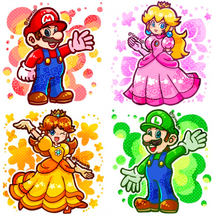 2boys 2girls ;d arm_behind_back artist_name blue_eyes blue_overalls brown_hair crown dress earrings facial_hair flower_earrings gloves green_hat green_shirt hat jewelry long_hair long_sleeves looking_at_viewer luigi mario mario_(series) multiple_boys multiple_girls mustache nintendo one_eye_closed open_mouth orange_dress overalls pink_dress princess princess_daisy princess_peach puffy_short_sleeves puffy_sleeves red_hat red_shirt shirt short_hair short_sleeves skmkz10 smile white_gloves