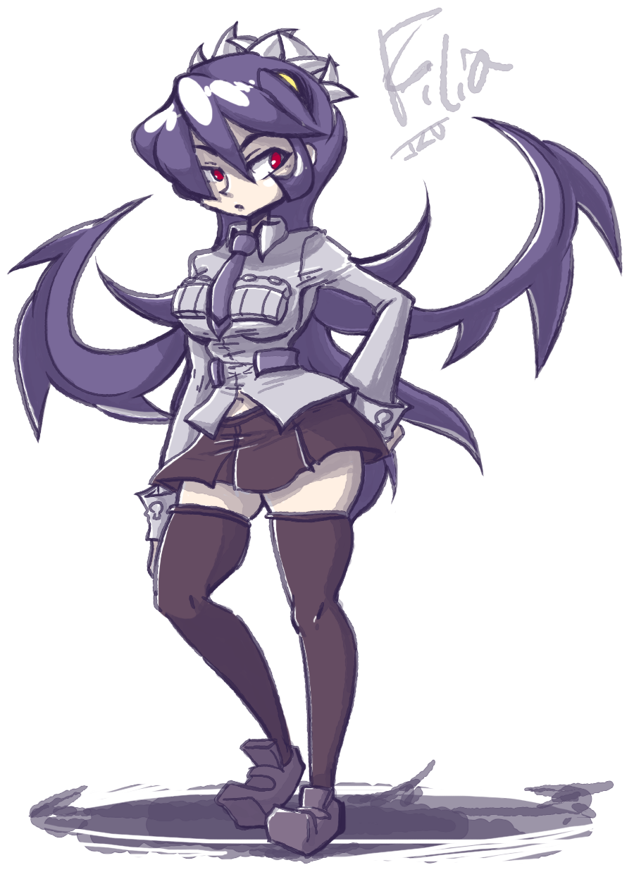 1girl breasts female_focus filia_(skullgirls) highres long_hair navel necktie purple_hair red_eyes samson simple_background skirt skullgirls solo tagme thighhighs