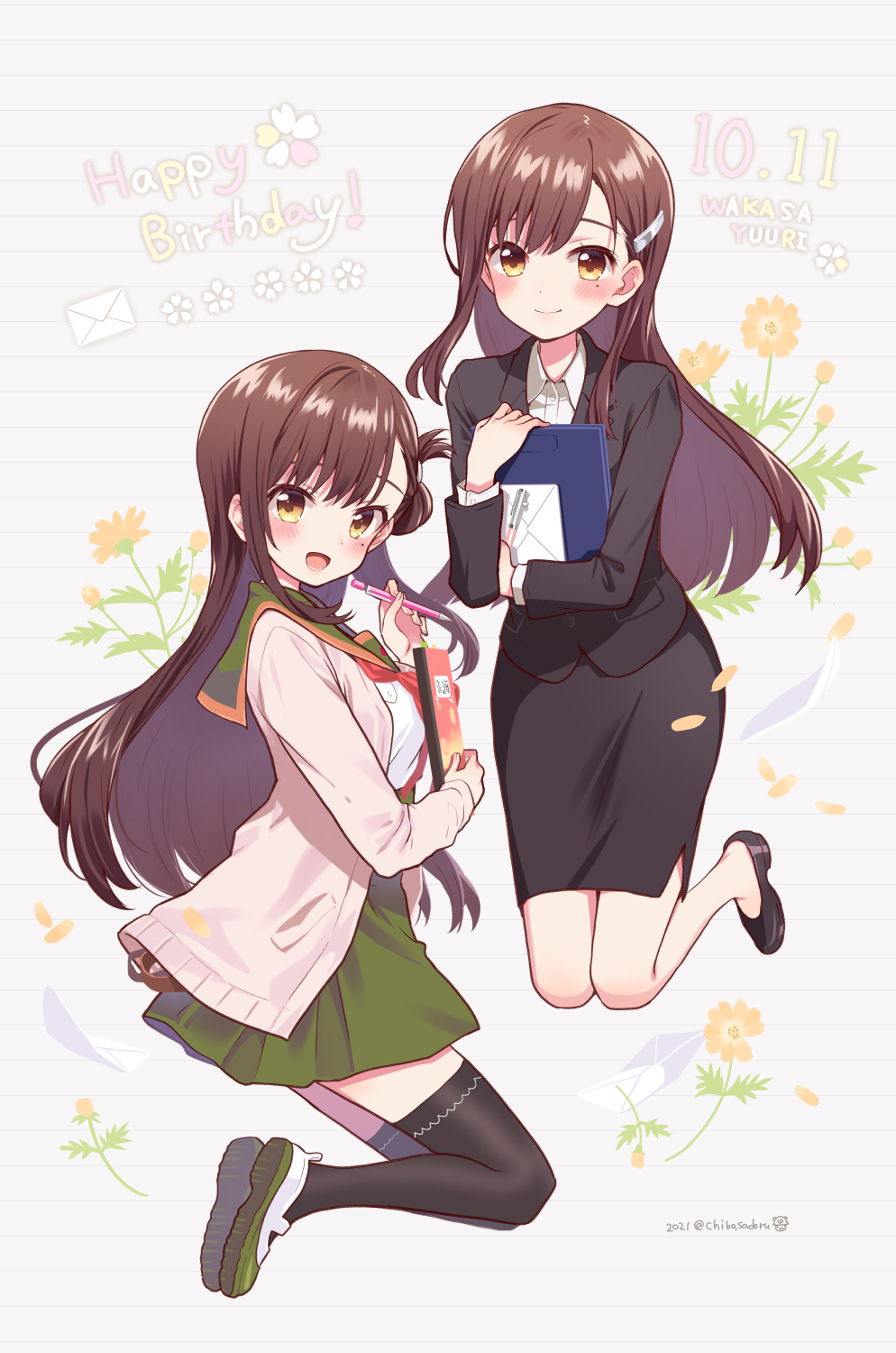 2girls black_jacket black_legwear blue_sailor_collar blue_skirt brown_hair cardigan chiba_sadoru commentary_request dual_persona folded_hair formal_clothes full_body gakkou_gurashi! green_skirt hair_ornament hairclip happy_birthday highres jacket long_hair megurigaoka_high_school_uniform multiple_girls neckerchief office_lady pencil_skirt pleated_skirt red_neckerchief sailor_collar school_uniform serafuku shoes skirt skirt_suit spoilers suit suit_jacket thighhighs time_paradox uwabaki wakasa_yuuri