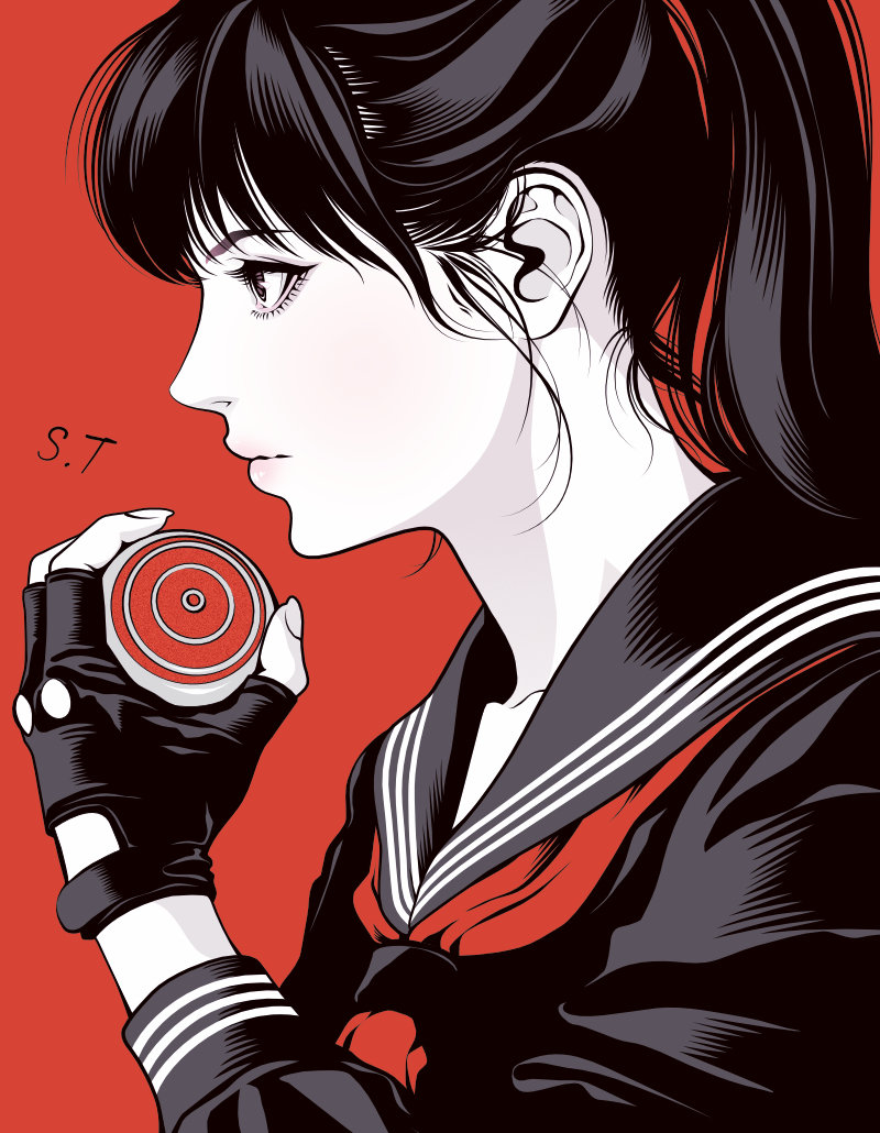 1girl asamiya_saki black_eyes black_gloves black_hair black_serafuku commentary_request fingerless_gloves from_side gloves high_ponytail holding ponytail portrait red_background school_uniform serafuku signature solo sukeban_deka takanashi_shin yo-yo