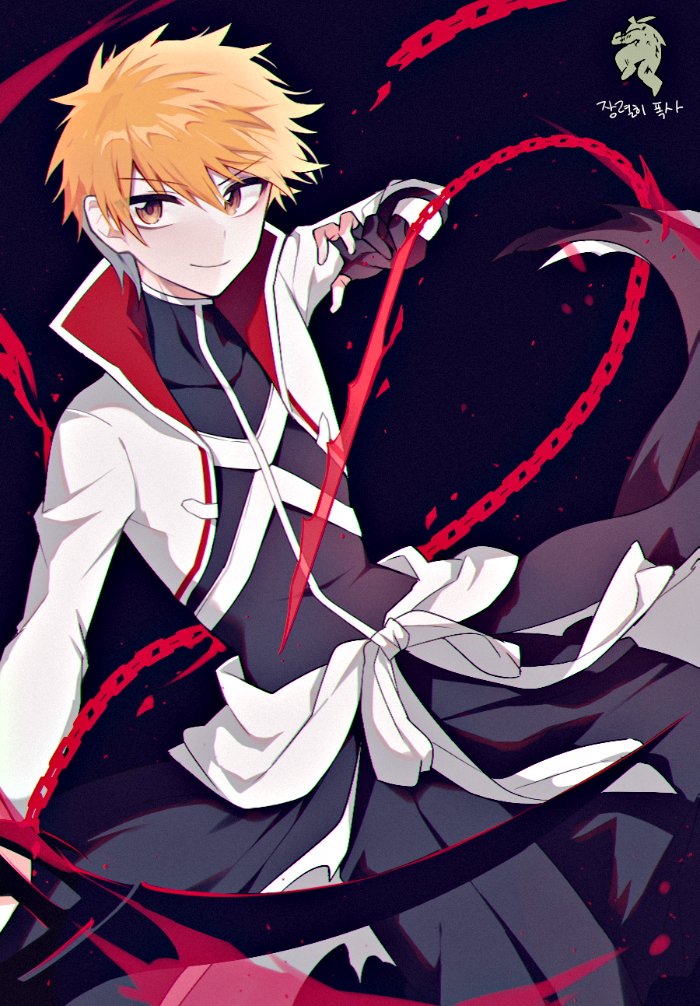 &gt;:) 1boy alternate_costume black_background black_gloves black_hakama bleach bleach:_brave_souls bow_(weapon) brown_eyes chain closed_mouth commentary feet_out_of_frame fighting_stance fingerless_gloves g_ieep gloves hair_between_eyes hakama hand_up holding holding_bow_(weapon) holding_weapon jacket japanese_clothes kurosaki_ichigo long_sleeves looking_at_viewer male_focus meme orange_hair sanpaku shihakusho short_hair simple_background smile smug solo spiked_hair symbol-only_commentary tsurime v-shaped_eyebrows weapon white_jacket yamcha_pose_(meme)