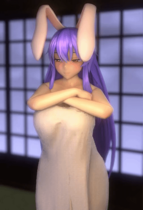 1girl animated animated_gif blush bouncing_breasts breasts cleft_of_venus indoors interior inui_(shirakawa777) large_breasts long_hair looking_at_viewer lowres naked_towel navel nipples nude open_mouth purple_hair pussy rabbit_ears red_eyes reisen_udongein_inaba sagging_breasts solo touhou towel