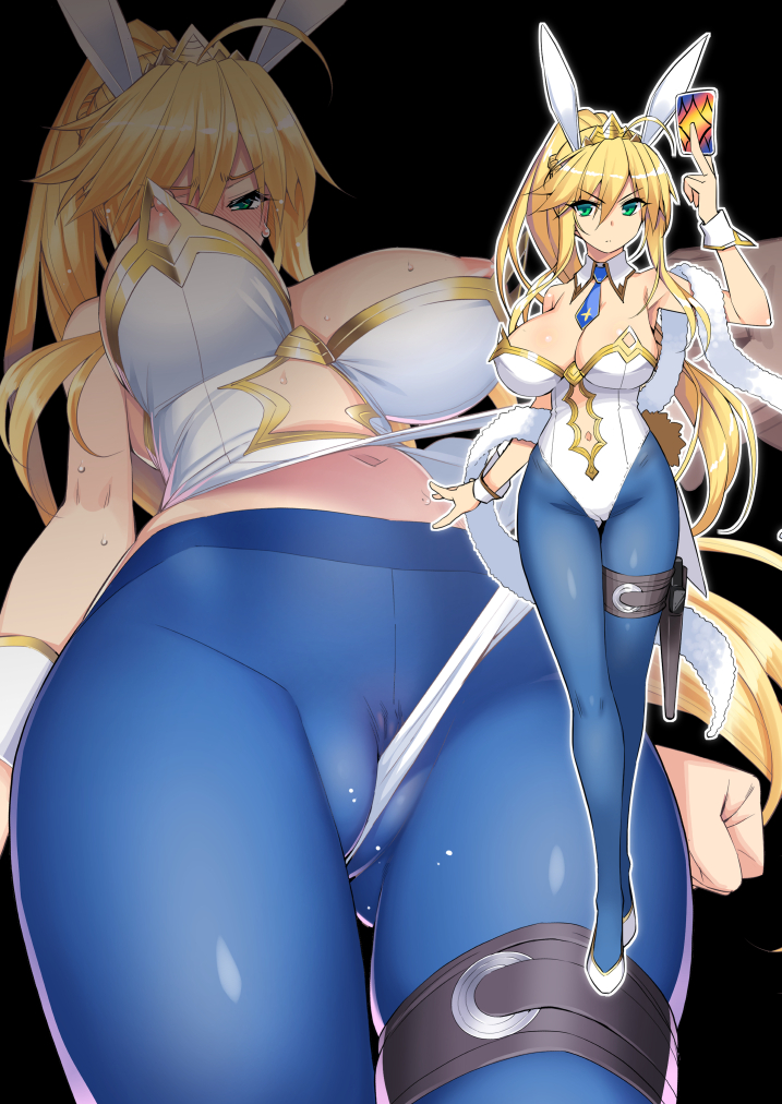 1girl ahoge animal_ears artoria_pendragon_(all) artoria_pendragon_(fate) artoria_pendragon_(swimsuit_ruler)_(fate) artoria_pendragon_(swimsuit_ruler)_(first_ascension)_(fate) bare_shoulders black_background blonde_hair blue_neckwear blue_pantyhose blush breasts cameltoe card cleft_of_venus closed_mouth covered_navel cowboy_shot crown fake_animal_ears fate/grand_order fate_(series) green_eyes hair_between_eyes hand_up holding holding_card holster large_breasts leotard leotard_lift long_hair looking_at_viewer multiple_views namonashi navel necktie nipples pantyhose playboy_bunny ponytail rabbit_ears scarf short_necktie simple_background solo_focus standing sweat thigh_holster thigh_strap very_long_hair wedgie white_leotard wristband