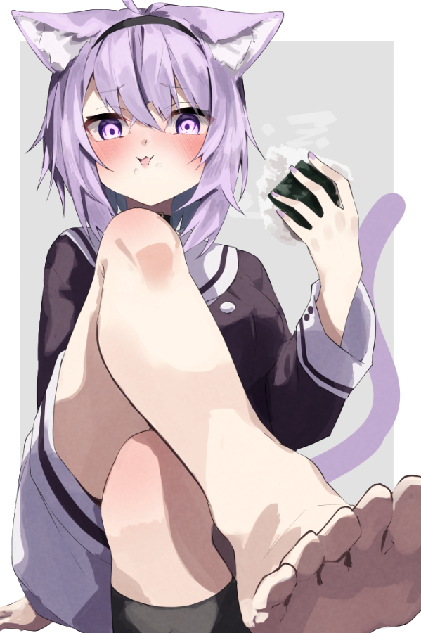 1girl ahoge animal_collar animal_ear_fluff animal_ears barefoot black_collar black_shirt black_socks blush cat_ears cat_girl cat_tail collar crossed_legs eating feet food grey_background holding holding_food hololive long_sleeves nekomata_okayu nekomata_okayu_(casual) onigiri purple_eyes purple_hair sailor_collar shirt short_hair shorts sidelocks single_sock socks solo tail tsushi virtual_youtuber white_sailor_collar white_shorts white_sleeve_cuffs